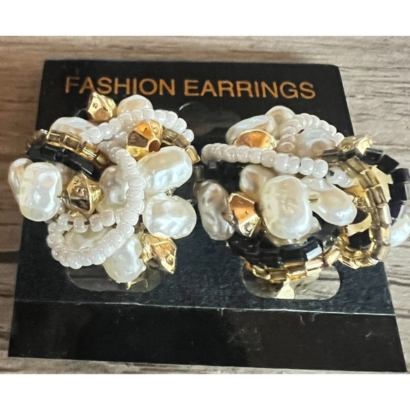 Vintage 1980s Beaded Cluster Clip On Earrings NOS Gold Faux‎ Pearl Black Retro - Picture 2 of 6